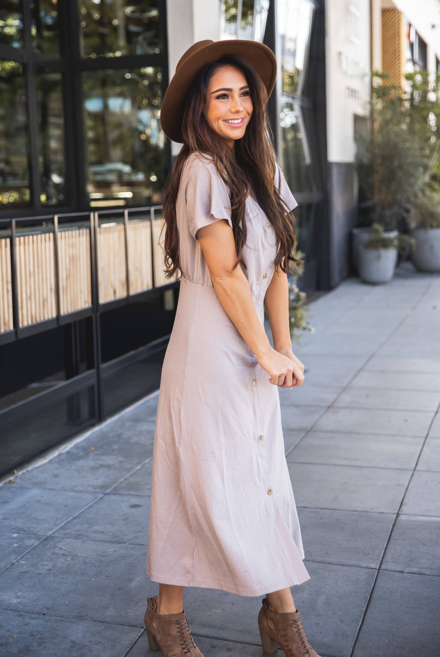 Norah Button Down Dress- Taupe