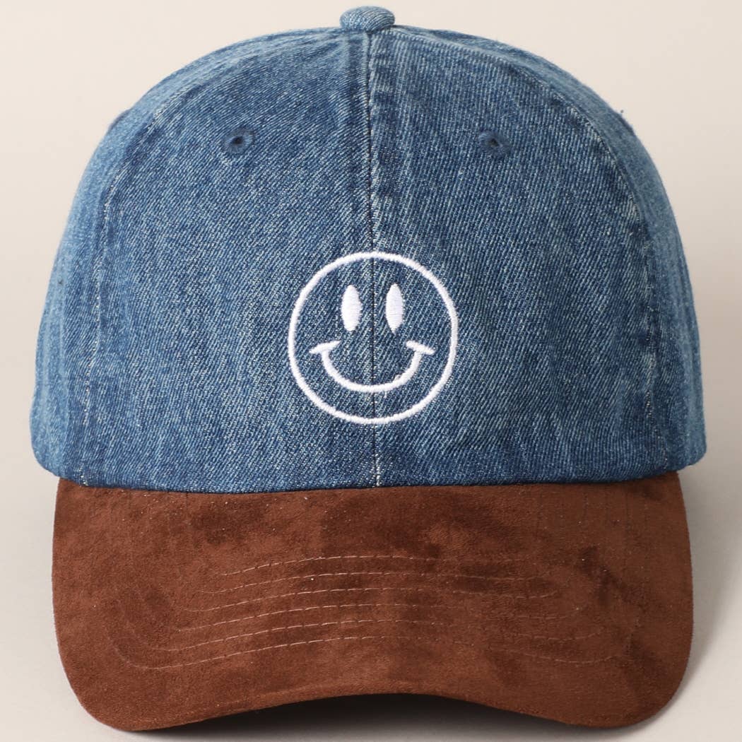 Happy Face Embroidered Denim Cap