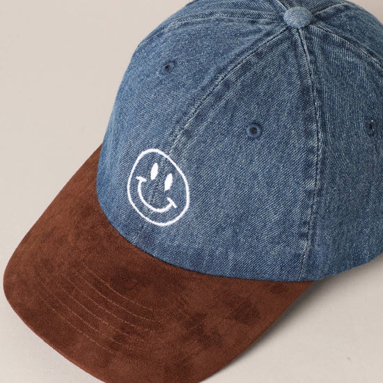 Happy Face Embroidered Denim Cap