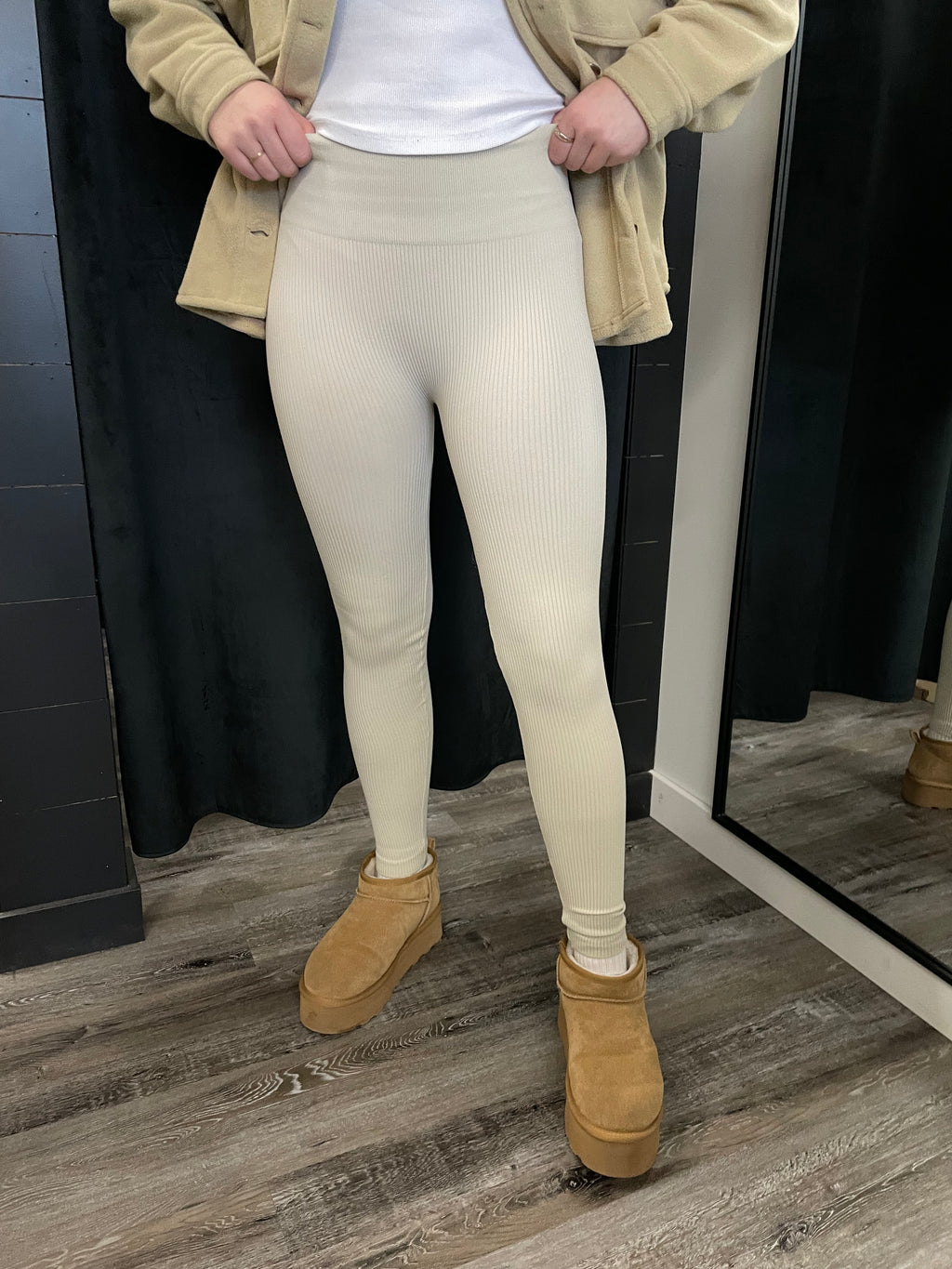 Beige Ribbed Seamless Tights 7/8