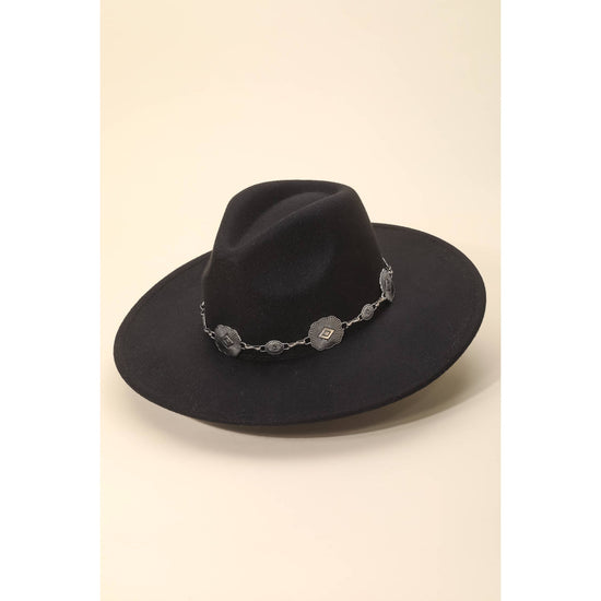 Concho Chain Strap Flat Brim Fedora Hat